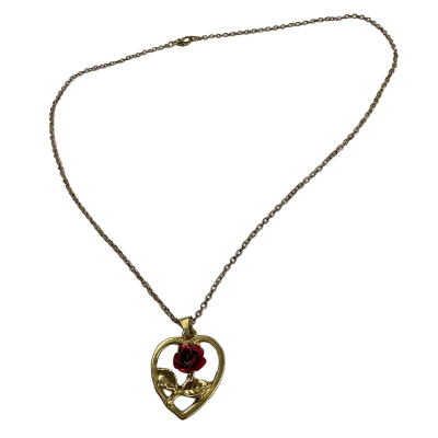Romantic Enamel Red Rose Necklace in a Gold-tone Heart Pendant