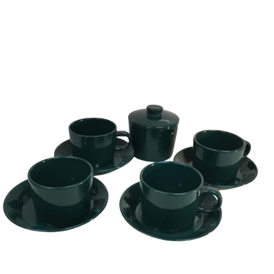 Arabia Finland Teema Forest Green Cups Saucers and sugar Bowl with Lid as pictured