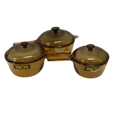 Vintage Visions Corning Glass Saucepans with Pyrex lids