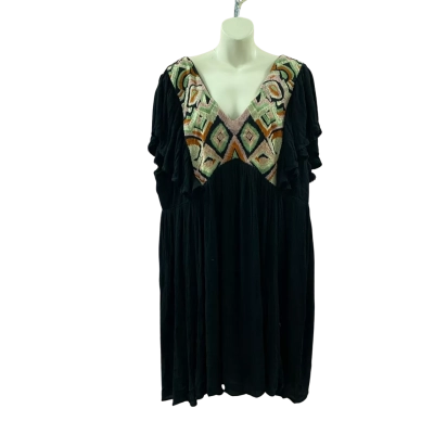 The Poetic Gypsy Sun Drenched Mini Dress Size 20 Black with Multi-Coloured Embroidery