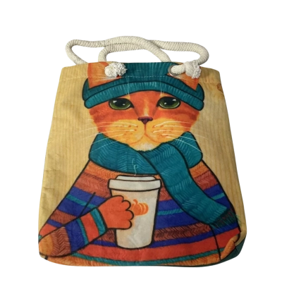 Womens Multicoloured Cat Design Carry Bag with Cord Handles