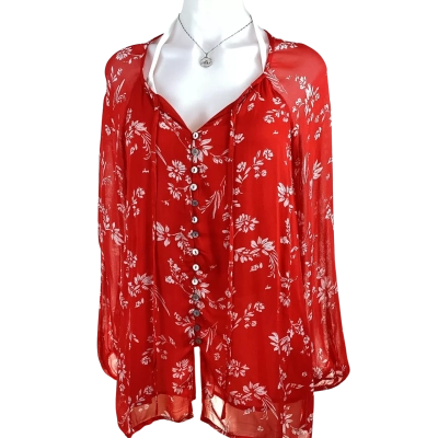 Sosandar - Red Floral Button Tie Neck Blouse (Size 10)