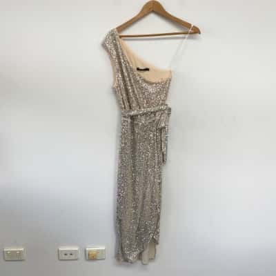 Portmans Cream Sequin One Shoulder Side Split Midi Dress  Size 8 