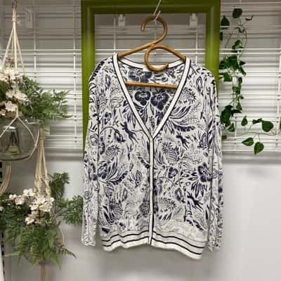  Oui Womens  Size 12 Button-Down Cardigan Navy Blue / White 