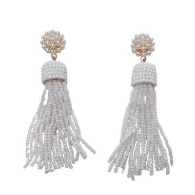  Women's White Beaded Tassel Earrings