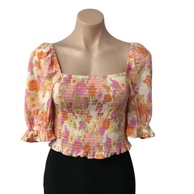 Sportsgirl Womens Size 10 Multicoloured Floral Short Sleeve Cropped Top 