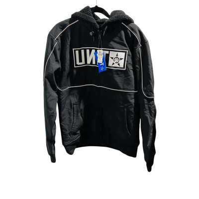  BNWT Unit Mens  Size S Front Zipper / Hood Fleece Lined Jacket Black  / Grey / White 