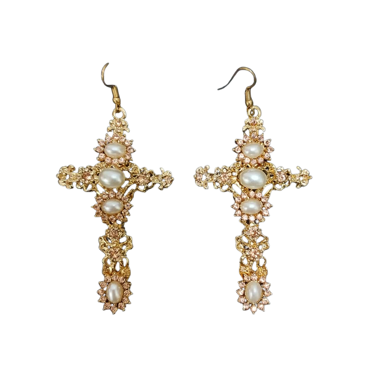 Large Pearl Gold Encrusted Cross Earrings Costume Jewellery