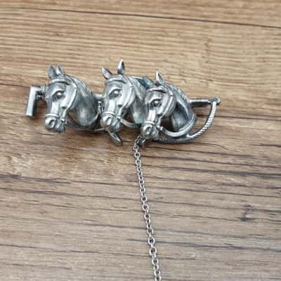 Antique Triple Horse Head Silver Brooch
