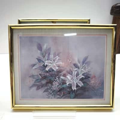Vintage Lena Liu White Lilies Floral Print Framed Wall Art Gold Metal Frame