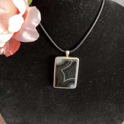 *Reduced Spring Special* 925 Silver Bordered Semi-Precious Stone Rectangle Pendant On Leather Cord