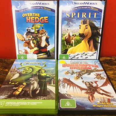 4x Kids DVD's Shrek 2, Over the Hedge, Legend of the Boneknapper Dragon and Spirit Stallion of the Cimarron