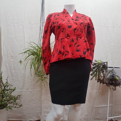 80's Style Puff Sleeve Red Silk Blouse Size 16 - 18