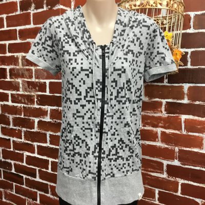 *CLEARANCE*Freshjive Women's Grey & Black Patterned Top With Front Zip & Hood, Size S