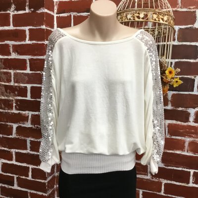 *CLEARANCE*FashionFair, Women's Cream & White Long Jumper With Silver Sequin Detail, Size S