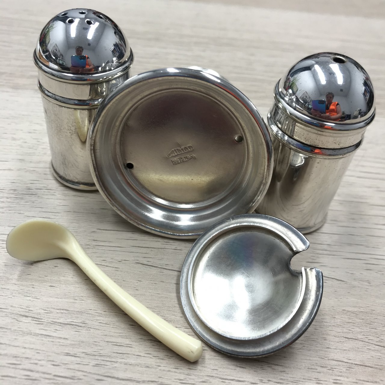 Albion EPNS Cruet Set, Salt, Pepper & Mustard Cellar Pot With Spoon