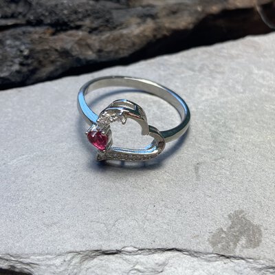 925 Silver Hallmarked Heart Ring With Pink And White Stones