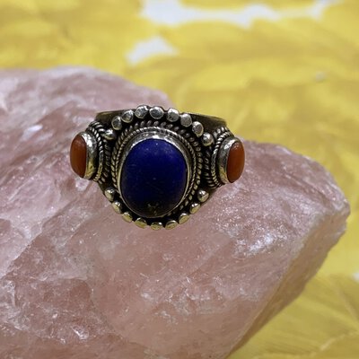 925 Silver Mexican Style Lapis & Carnelian Stone Ring